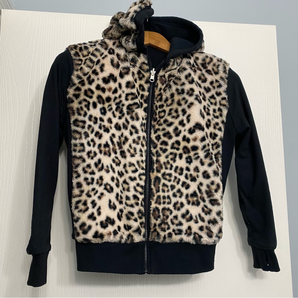 Reversible Hooded Zip Up Sweatshirt by Butter Size Medium 10-12 Black & Leopard